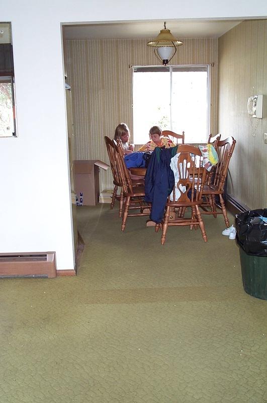 Same vintage carpet and wallpaper in the eating area