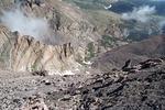 Looking down the Loft route from the summit of Meeker.  Ship's prow is on the left and you can see the trail from Chasm Junction