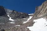 Looking back up at the route.  The snow patch on the left is where my axe landed when I dropped it down the cliff coming down.