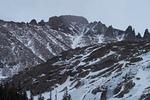 The frozen falls on the slope up to Blue Lake were a neat color of light blue, Longs Peak is behind the ridge.