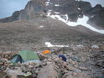 Home sweet home in the Boulderfield at 13000 feet with Longs in the background.  Our tent is the green one.